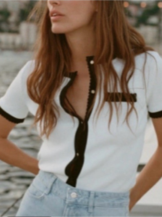 Zara Tops - Zara sz m White Short-Sleeve Button-Front Top with Black Trim